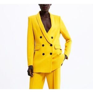 Zara Yellow Double Breasted Lapel Long Sleeve Blazer Jacket XS